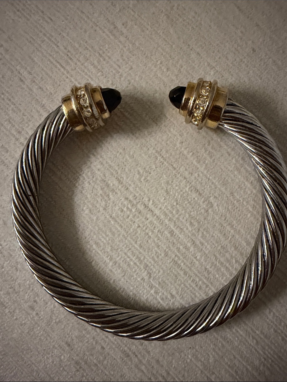Two-Tone Twisted Cable Cuff Bracelet with Black Stone Tips
